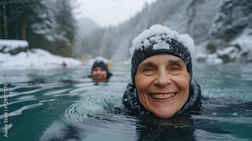 Winter Serenity: Happy Elderly Woman Swimming in Lake Amidst Snowy Landscape  © hisilly