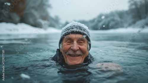 Winter Serenity: Happy Elderly Woman Swimming in Lake Amidst Snowy Landscape  © hisilly