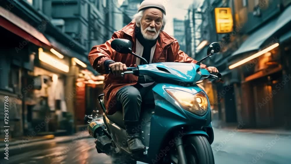 An elderly man working as a pizza delivery man on a bike is in a hurry to order customers. Generative AI An elderly man working as a pizza delivery man on a bike is in a hurry to order customers. Generative AI