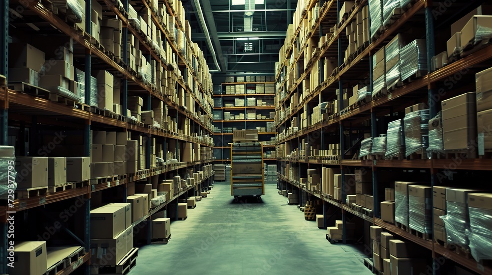 The brightness of the warehouse, where a pallet of boxes and tall shelves form the backdrop, creating a visually striking and organized storage environment