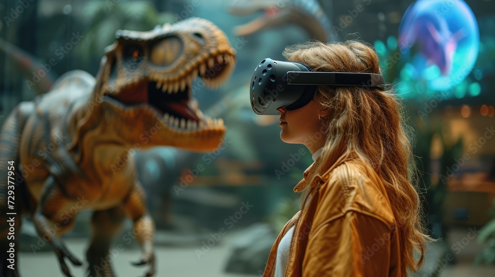 Virtual Adventure: Young Woman Explores Prehistoric World with Real Dinosaurs Using VR Headset
