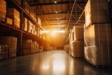 A metamorphosis unfolds as the warehouse becomes a logistics hub, with tall shelves and a pallet of boxes brightly lit, showcasing an optimized and organized storage facility