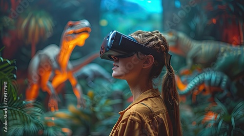 Virtual Adventure: Young Woman Explores Prehistoric World with Real Dinosaurs Using VR Headset  © hisilly