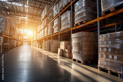The warehouse transforms into a logistics hub, brightly lit tall shelves and a pallet of boxes signaling efficiency and order in the storage space photo