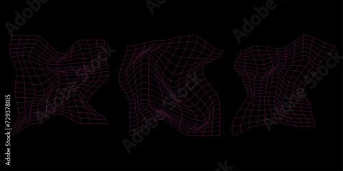 Distorted grid set. Futuristic wireframe in Y2K style set. The set is great for social media posts, cards, brochures, flyers, and advertising poster templates. Vector illustration.