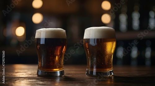 Glasses of light and dark beer on a pub background. Generative AI