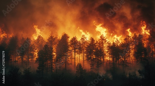 Wildfire Engulfs Pine Forest: Smoke and Flames Consume the Landscape  © hisilly