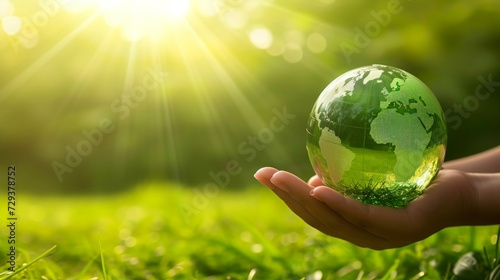 Nurturing a Green Future: Hand Holding a Transparent Globe in Sunlit Nature, a Symbol of Eco-Friendly Earth Conservation.