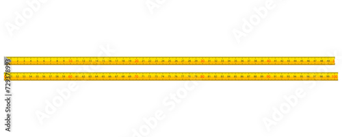 Carpenter measuring tape, metric tape measure. Yellow tape measure with scale, metric measuring tape. photo