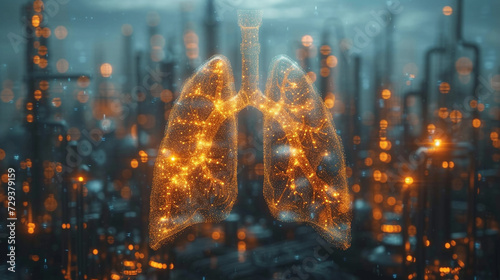 illustration of lungs against the background of factories polluting the air photo