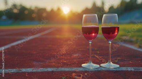 Cinematic wide angle photograph of two red wine glasse at a running track. Product photography.