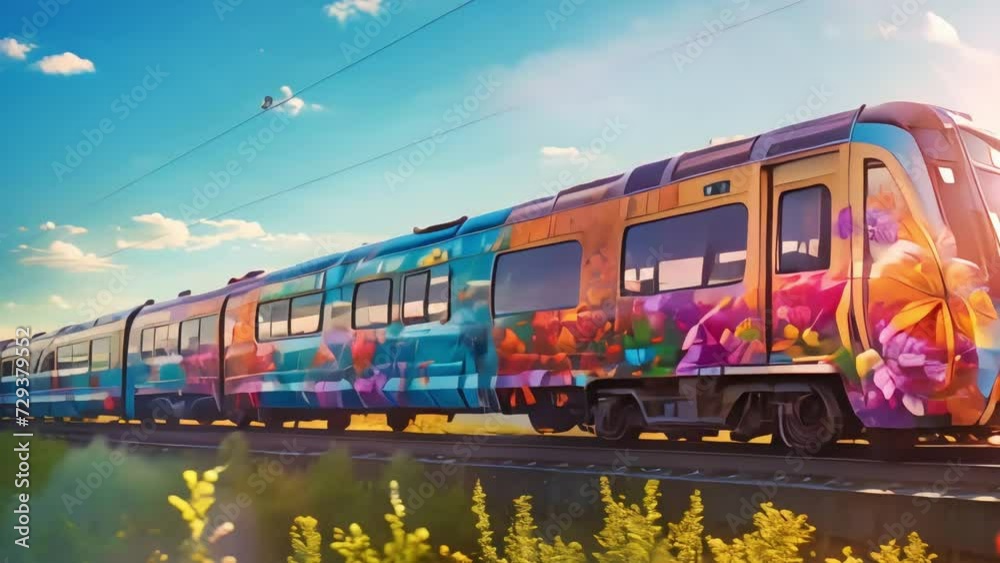 A high-speed train decorated with floral graffiti passes along the railway on a sunny day. Generative AI