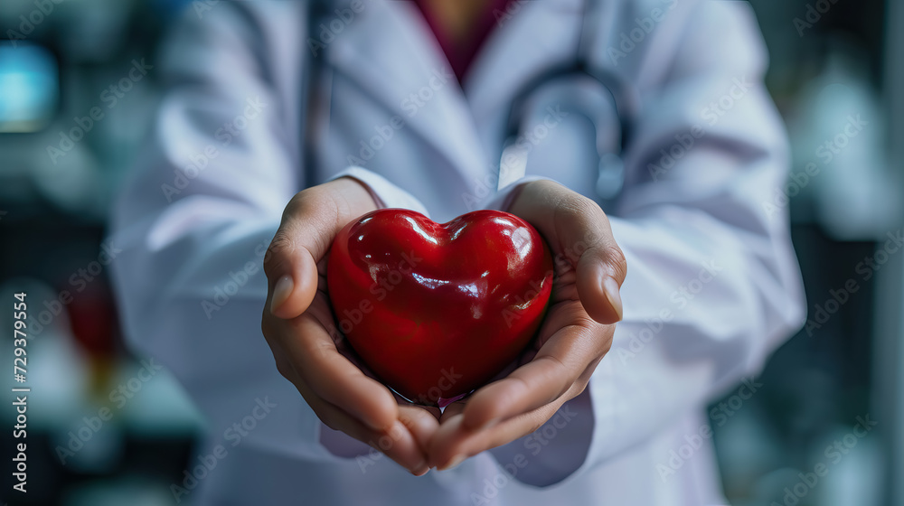 close up of woman doctor hands wearing a stethoscope with heart for World Heart Day - AI Generated