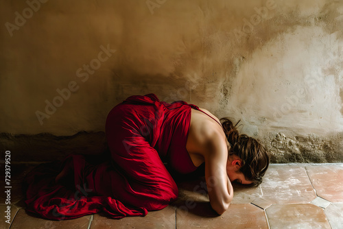 Femme en robe rouge prostrée sur le sol photo
