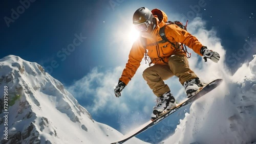 Snowboarder flying in a jump from a snowy slope, frosty winter, outdoor activities. Generative AI photo