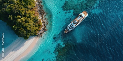 Tranquil Scene of a Stranded Luxury Cruise Ship Alongside a Small Island's Blue Shoreline