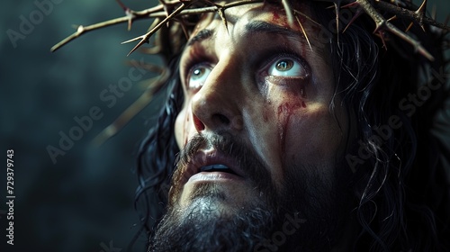 Sacred Suffering: Behold the photorealistic close-up of Jesus Christ adorned with a crown of thorns against a dark backdrop. Witness divine agony.