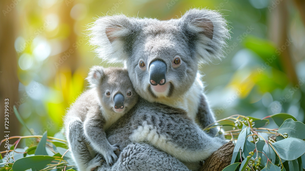 Fototapeta premium A koala with her cub on a tree