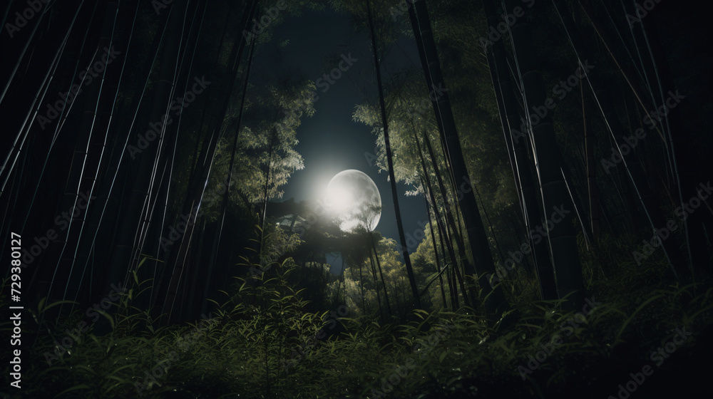cinematic beauty of a bamboo forest illuminated by the soft glow of moonlight