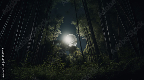 cinematic beauty of a bamboo forest illuminated by the soft glow of moonlight
