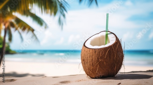Coconut with straw on tropical beach. Vacation and travel concept