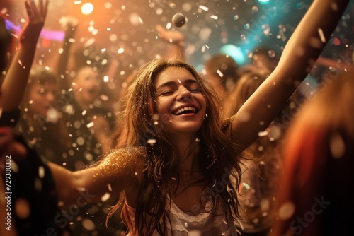 a happy young woman enjoy dancing in a nightclub