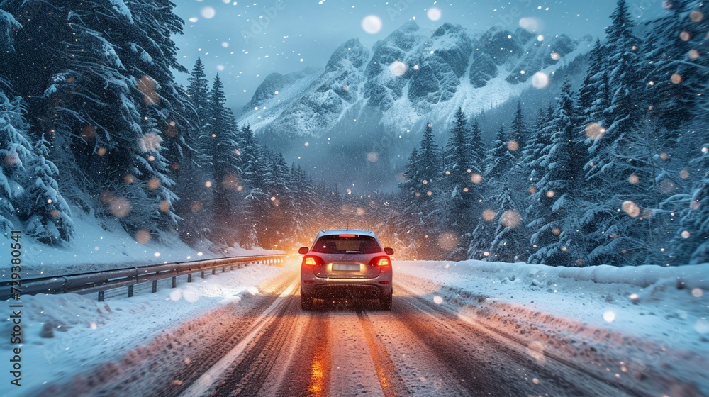Car on impassable winter road, winter traffic, dangerous road Car on impassable winter road, winter traffic, dangerous road