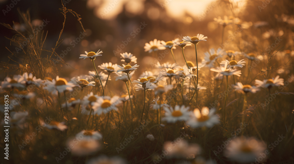 sunlit meadow filled with daisies during the golden hour