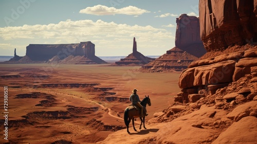 A person riding a horse on a dirt road surrounded by rocky hills