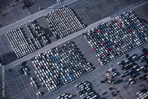 large parking lot full of cars to be shipped photo