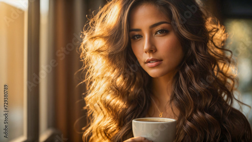 portrait of a beautiful woman enjoying a hot cup of coffee