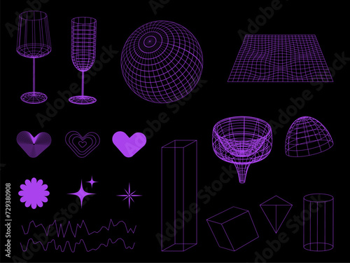 Abstract geometry wireframe shapes. Futuristic Y2k acid aesthetic set. The set is great for social media posts, cards, brochures, flyers, and advertising poster templates. Vector illustration.