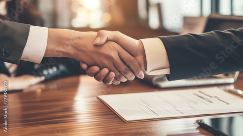 Close up image of two business people shaking hands after signing a contract while sitting at the wooden desk , Generative AI