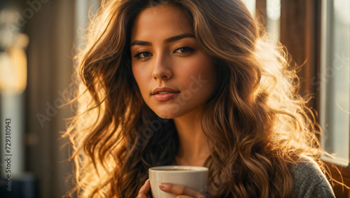 portrait of a beautiful woman enjoying a hot cup of coffee