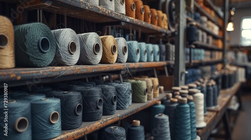 Variety of thread spools neatly arranged on shelves in a textile workshop photo