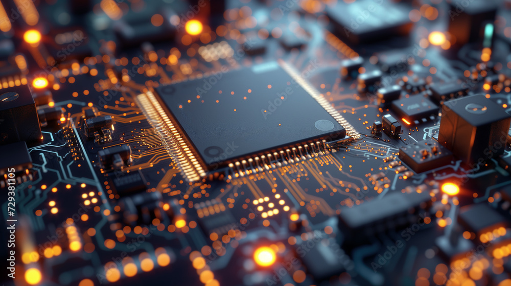 Microprocessor Circuit Board with Flashing Lights , Generative AI Microprocessor Circuit Board with Flashing Lights , Generative AI