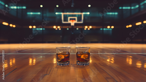 Cinematic wide angle photograph of two whisky glasses at a basketball stadium. Product photography.