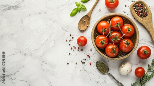 Homemade tomato preserve in glass jar surrounded by fresh ingredients