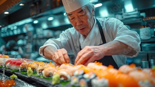 伝統的な日本料理、寿司を準備する寿司職人