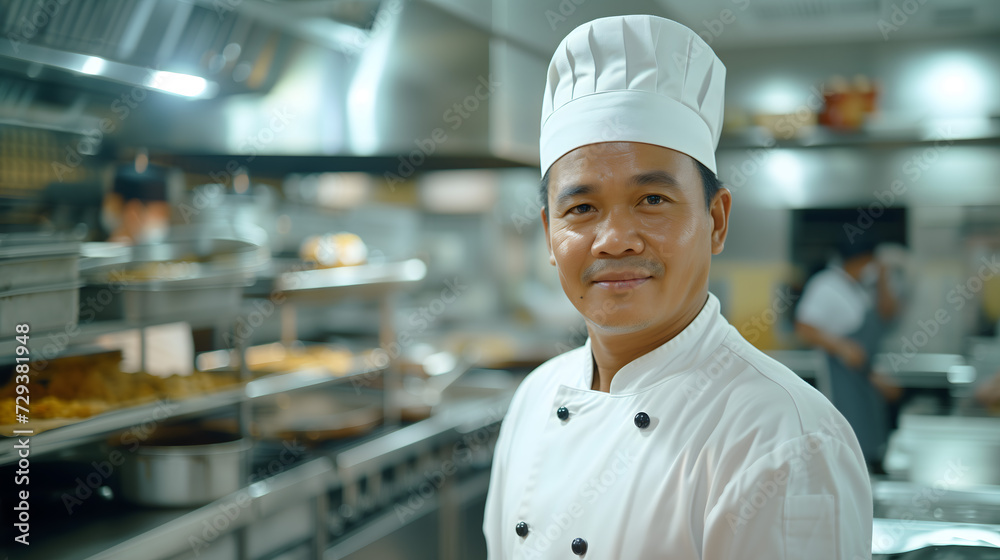 Portrait d'un chef cuisinier dans sa cuisine de restaurant asiatique - obrazy, fototapety, plakaty 