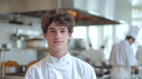 Portrait d'un jeune cuisinier en formation dans la cuisine de son restaurant en contrat d'apprentissage ou en stage