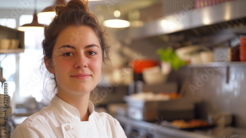 Portrait d'une jeune cuisinière en formation dans la cuisine de son restaurant en contrat d'apprentissage ou en stage