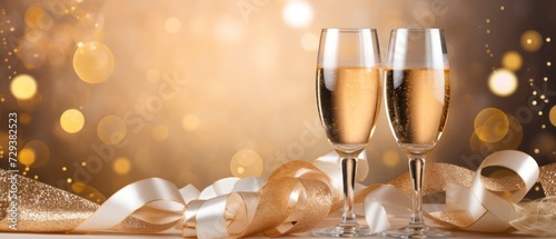 Glasses of champagne with ribbons on bokeh background.