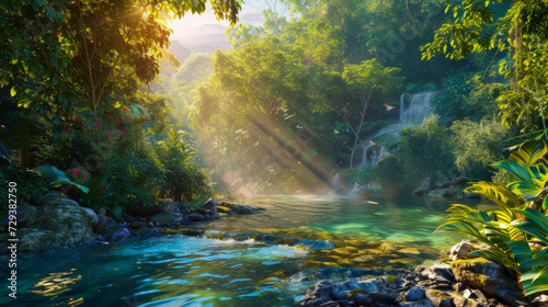 A Serene Waterfall Oasis: Lush Green Foliage Bathed in Tranquil Sunlight, Capturing the Essence of Tropical Paradise.