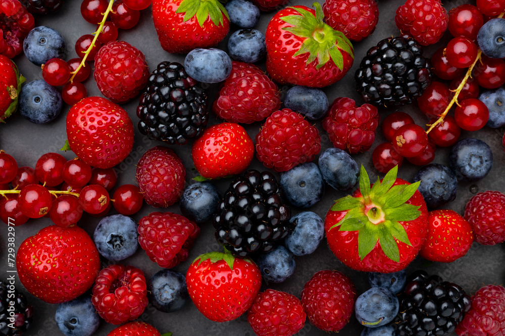 Berries Background. Strawberries, Blueberry, Raspberries, and Blackberry.