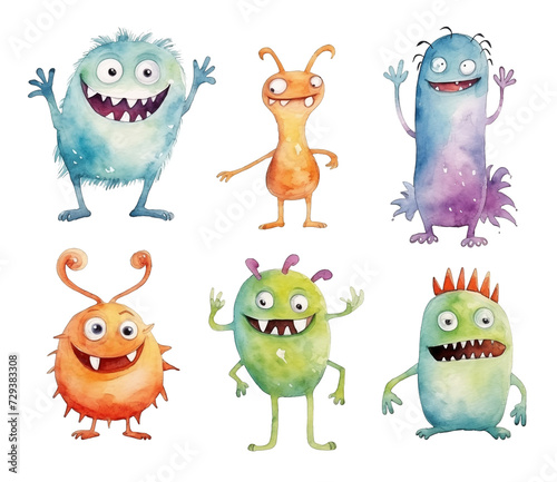 Watercolor illustration of whimsical monsters isolated on white background.