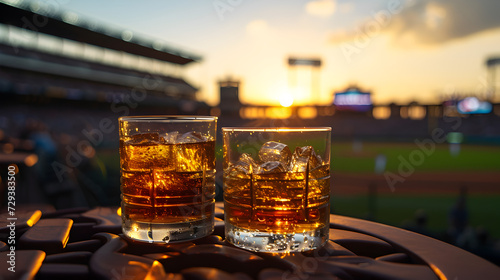 Cinematic wide angle photograph of two whisky glasses at a baseball stadium. Product photography.