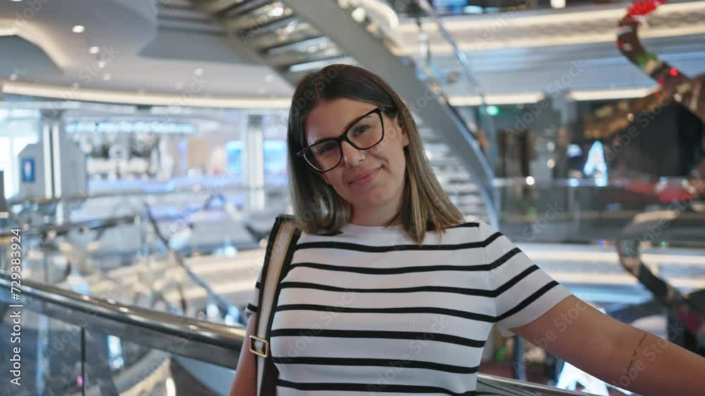 Smiling woman with glasses aboard a modern luxury cruise ship interior posing for a vacation portrait. Smiling woman with glasses aboard a modern luxury cruise ship interior posing for a vacation portrait.