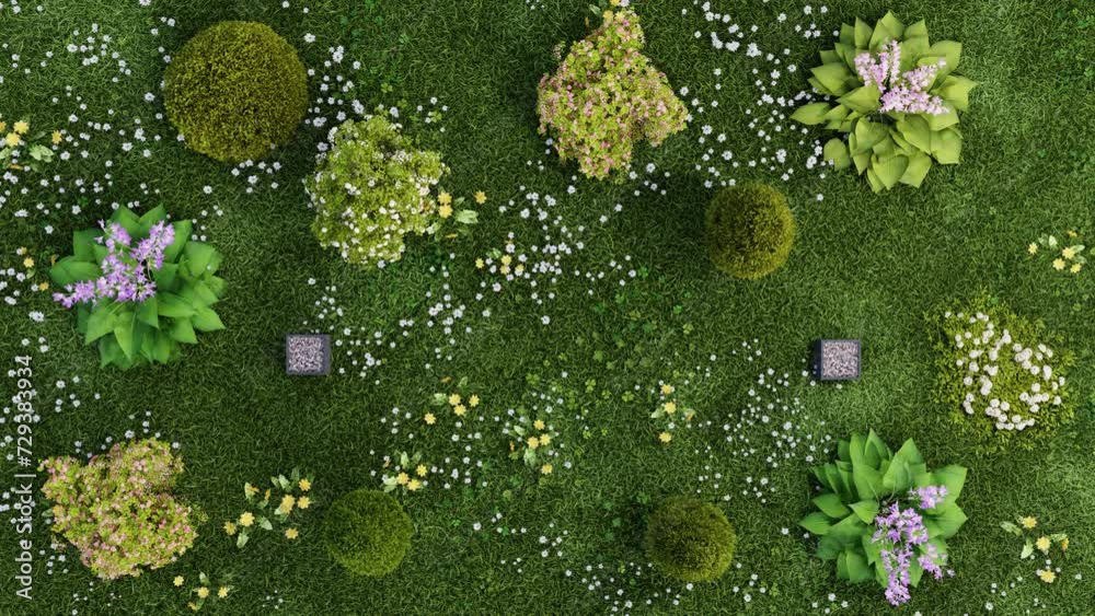 top view of a garden in 3d. a garden seen from above with copy space. aerial view of a garden in 3d. light breeze blowing on the plants in a garden.