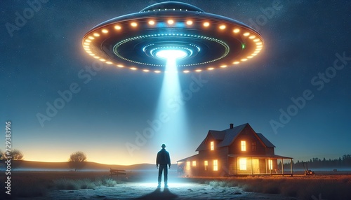 Twilight Abduction: Lone Figure and UFO at Dusk photo